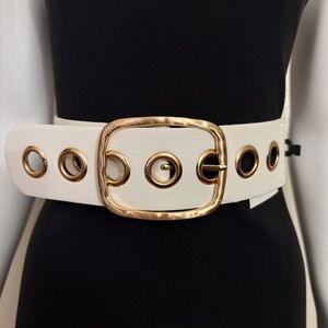 White PU leather elastic waistband belt with gold tone square buckle